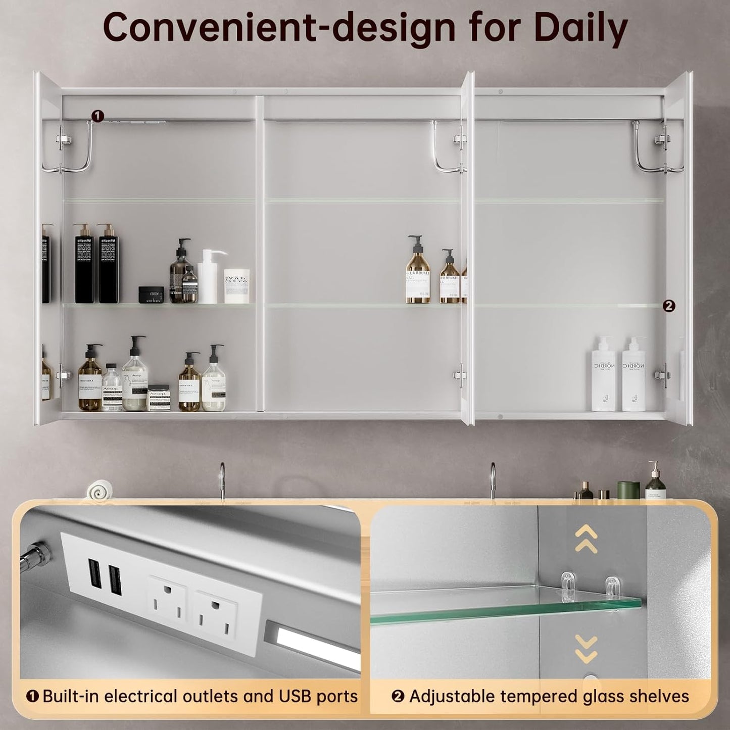 40"x32" Medicine Cabinet Mirror, LED Lighted Medicine Cabinet with Electrical Outlet＆USB, Anti-Fog, 3 Colors Temperature Stepless Dimmable, Aluminum Cabinet for Storage and Mordern Decor