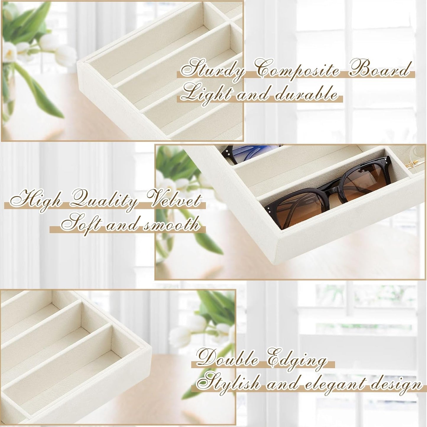 Amylove 2 Pcs Sunglass Organizer Trays Glasses Stackable Jewelry Trays Sunglass Organizer Display Box (12 Grids,Beige)