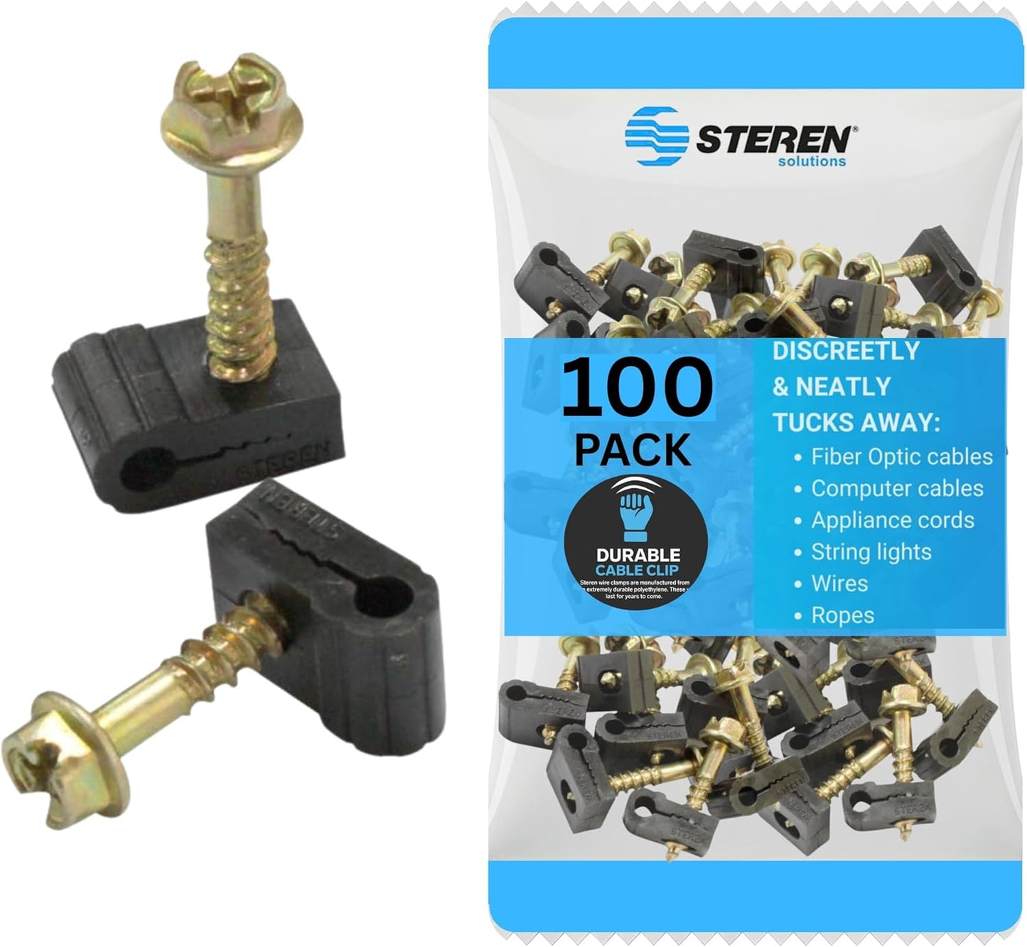 STEREN Coaxial Cable Clips - Cable Holder - Siding Clips for Hanging - Cord Holder for Desk - Cable Clamps - Cord Clip - Wire Organizer Clips - Tv Mount Screws (Black, 100 Count - Mini Screw)