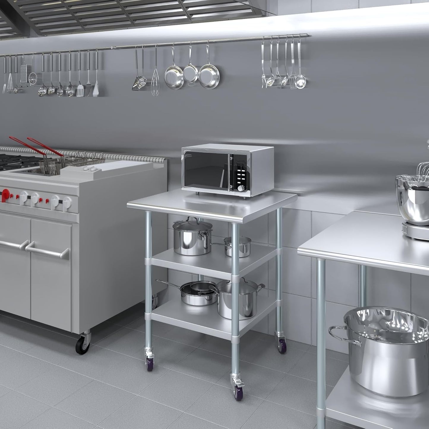 AmGood Stainless Steel Work Table with 2 Shelves and Casters | Metal Utility Table On Wheels (Stainless Steel Work Table with 2 Shelves + Casters, 30" Long x 30" Deep)