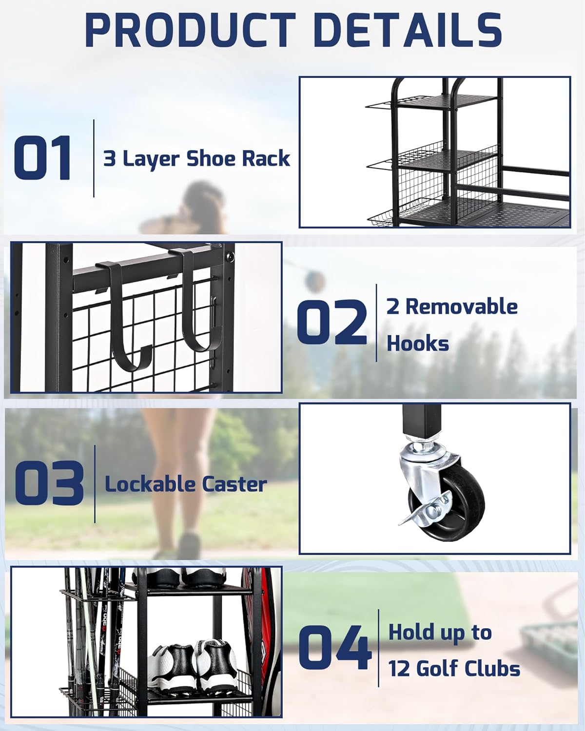 Golf Storage Rack, Garage Golf Organizer for 3 Golf Bags, Clubs, Balls, Shoes & Accessories, Garage Home Heavy Duty Golf Equipment Storage
