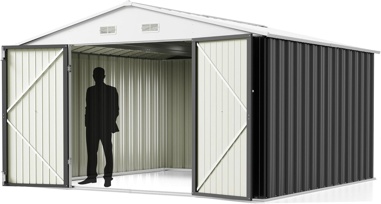 Greesum 10x10FT Outdoor Storage Shed, Utility Tool Shed Metal Storage Shed with Door & Lock for Patio Storage, Garden, Lawn, Gray