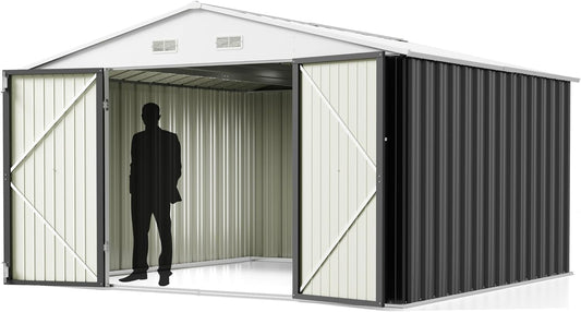 Greesum 10x10FT Outdoor Storage Shed, Utility Tool Shed Metal Storage Shed with Door & Lock for Patio Storage, Garden, Lawn, Gray