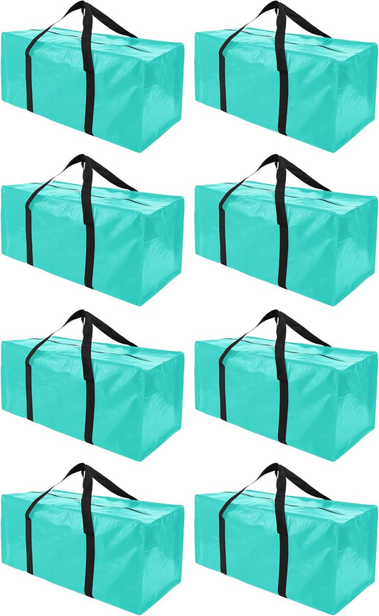 Extra Large Moving Bags with Zippers & Carrying Handles, Heavy-Duty Storage Tote for Space Saving Moving Storage, Fold Flat, Alternative to Box and Bin - 8 Pack, 40 Gal, Aquamarine