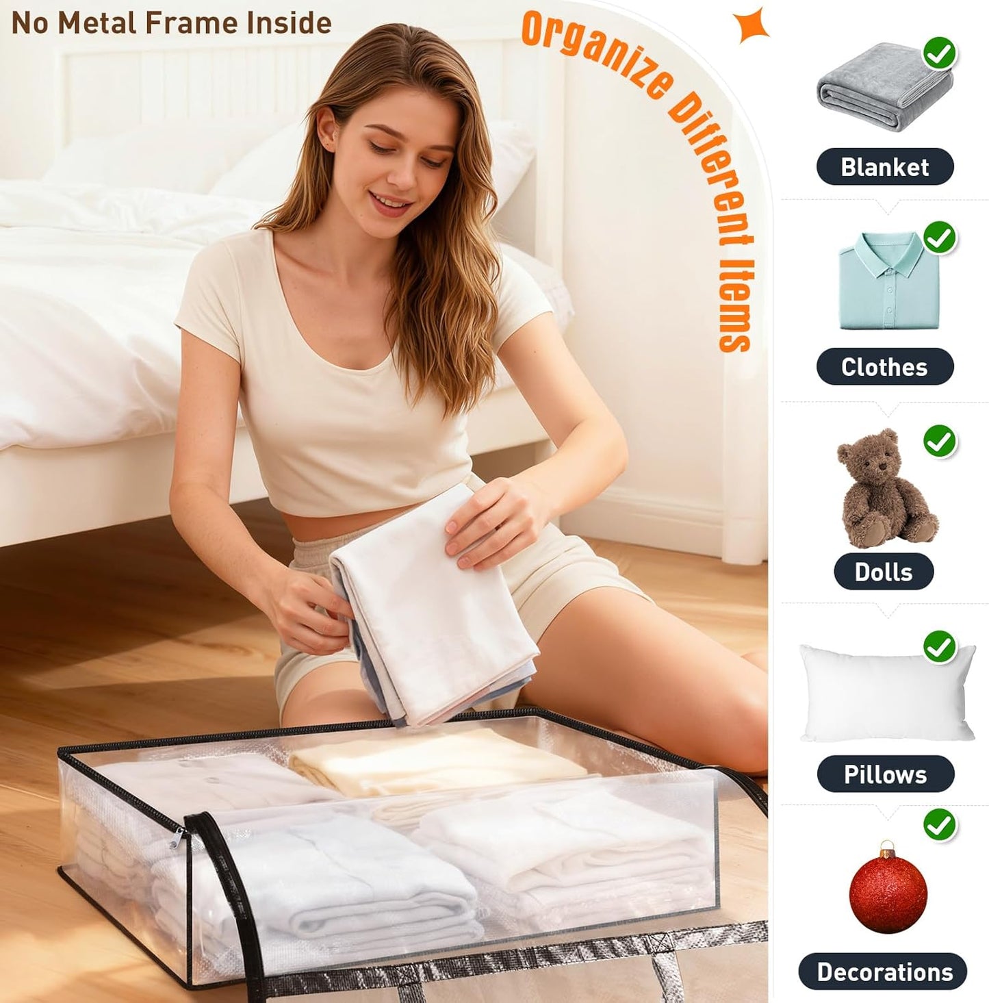 Clear Under Bed Storage Containers - 4 Pack Large Capacity Clothes Storage Bags with Lid & Sturdy Handles, Foldable Moving Bags, Clothing Organizer Totes for Bedding, Comforter, Sheet（90 L）