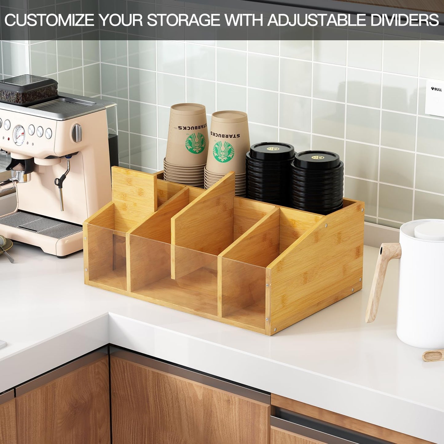 Coffee Station Organizer Condiment Organizer for Countertop Farmhouse Coffee Caddy with Removable Dividers Small Cute Office Bar Accessories for Tea Bags, Pods, Syrup, Cups, and Stirrer