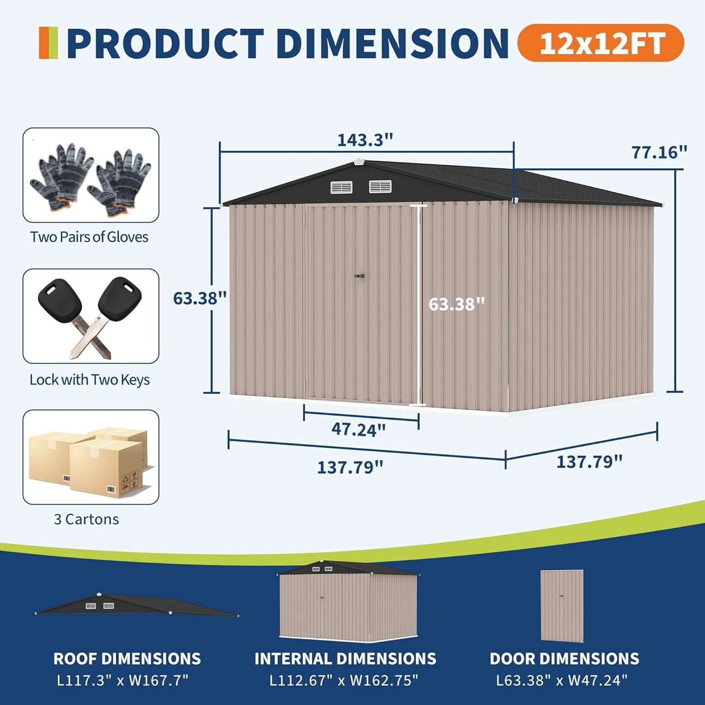 12x12 FT Metal Storage Sheds Outdoor, Metal ToolShed with Lockable Door, Metals Yard Sheds Metals Garden Shed Kit, MetalUtility Sheds Buildings with Air Vent for Backyard Garden Patio Lawn