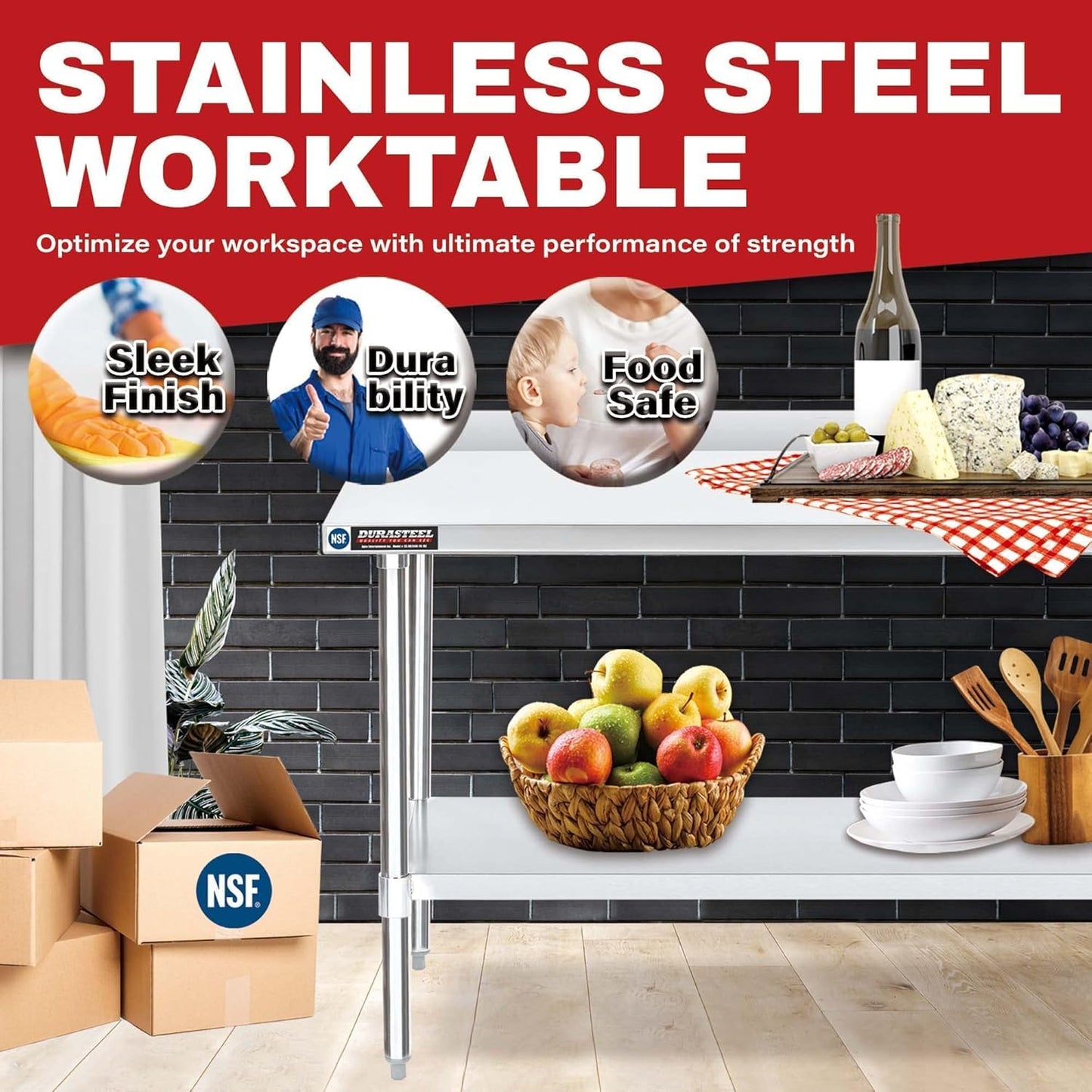 DuraSteel NSF Stainless Steel Table - 24 x 48 Inch Metal Work Table w/Undershelf - Commercial Kitchen, Restaurant, Garage, Laundry - Outdoor Stainless Steel Prep Tables Countertop Island Grill Small