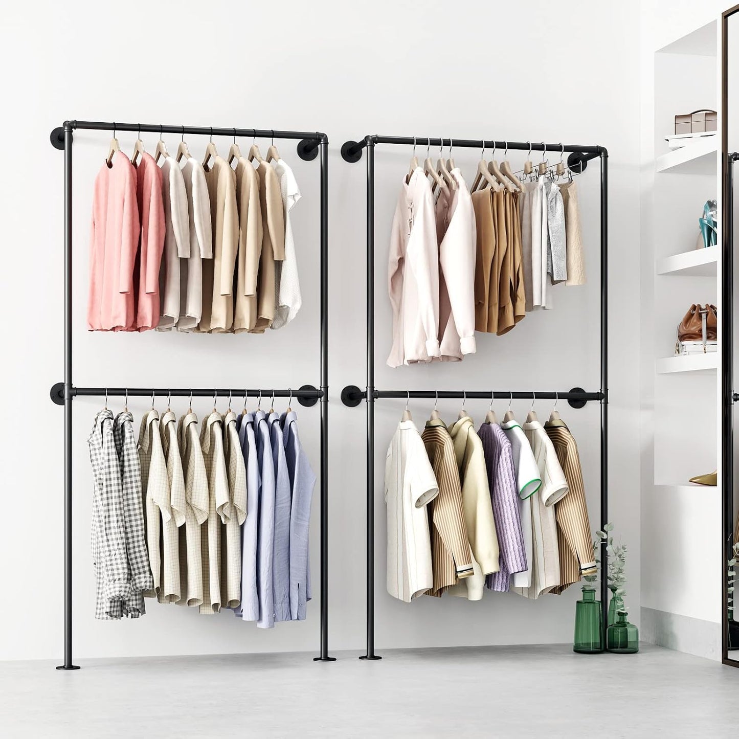 Industrial Pipe Clothing Rack Wall Mounted Garment Rack, Black Pipe Clothes Rack Retail Display Hanging Rod for Closet Storage, Laundry Room