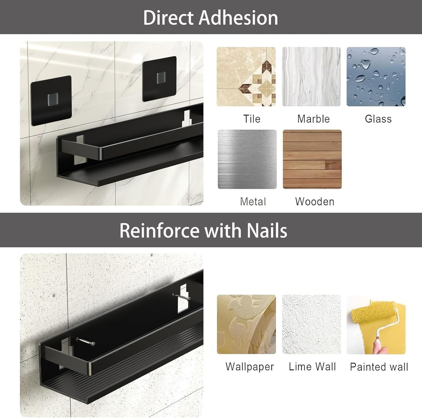 Shower Shelf 2 Pack - Bathroom Shower Shelf Rust-Proof Aluminum Adhesive Installation No Drilling Required, Suitable for Bathroom Storage and Home Decoration