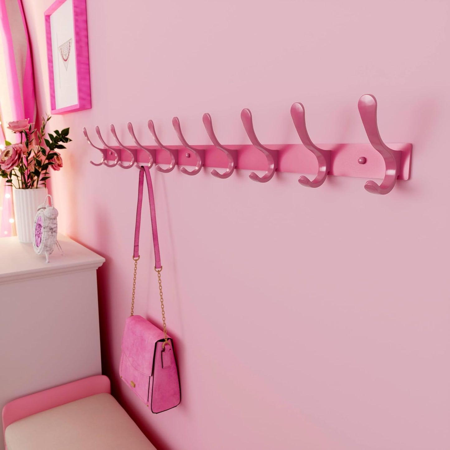 SKOLOO Coat Rack Wall Mounted - 10 Hooks, Pack of 2, Heavy Duty, Stainless Steel, Metal Wall Hanger, Sturdy Coat Hooks for Hanging Coats, Jacket, Clothes, Hat, Pink