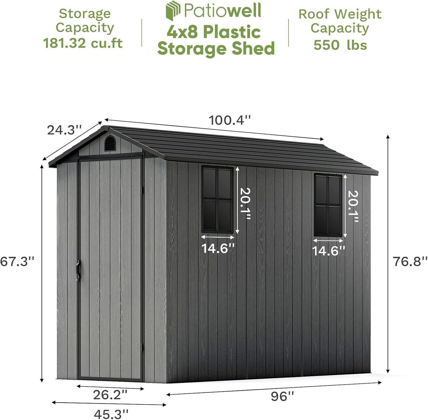Patiowell 4 x 8 FT Plastic Outdoor Storage Shed with Floor, Garden Tool Shed with Two Windows and Single Lockable Door for Garden, Backyard, Lawn, Easy to Install (Dark Grey) (Fit-it Shed)