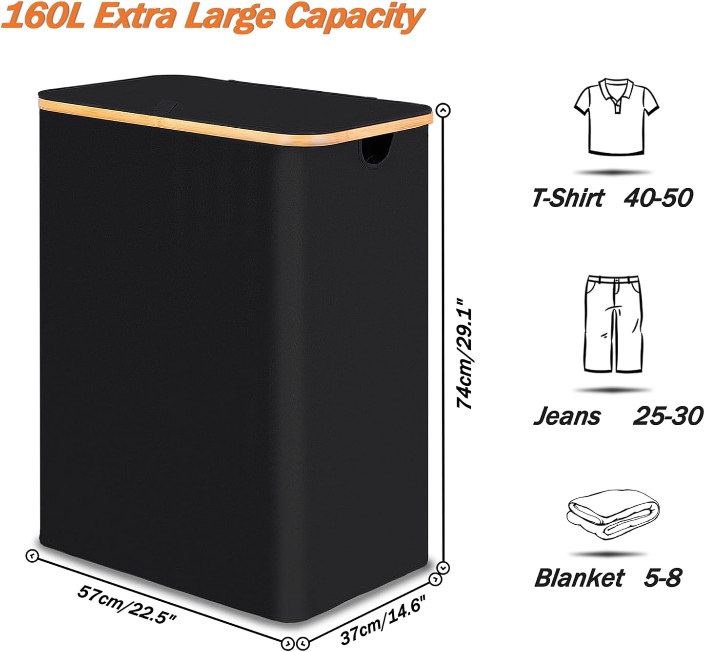 efluky Laundry Hamper with Lid, Trio Laundry Hamper with 3 Removable Bags, 3 Section Laundry Basket with Bamboo Handles for Bathroom, Bedroom & Laundry Room, 160L Black