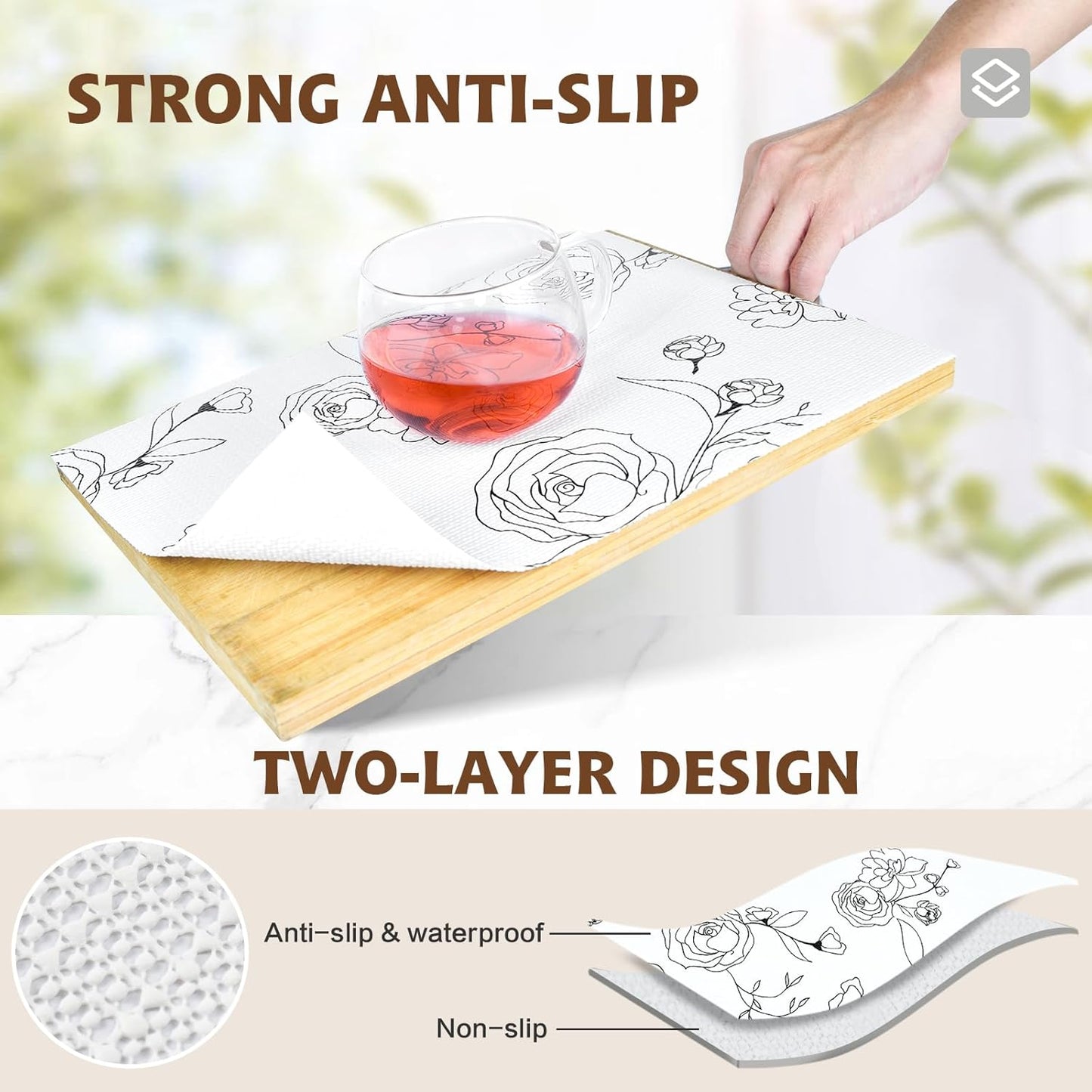 Shelf Liners for Kitchen Cabinets 12in x 20FT Non Adhesive Drawer Liner Black and White Floral Thickened Shelf Liner Paper Strong Non-Slip Easy to Clean for Tool Box with Knife and Tape Measure