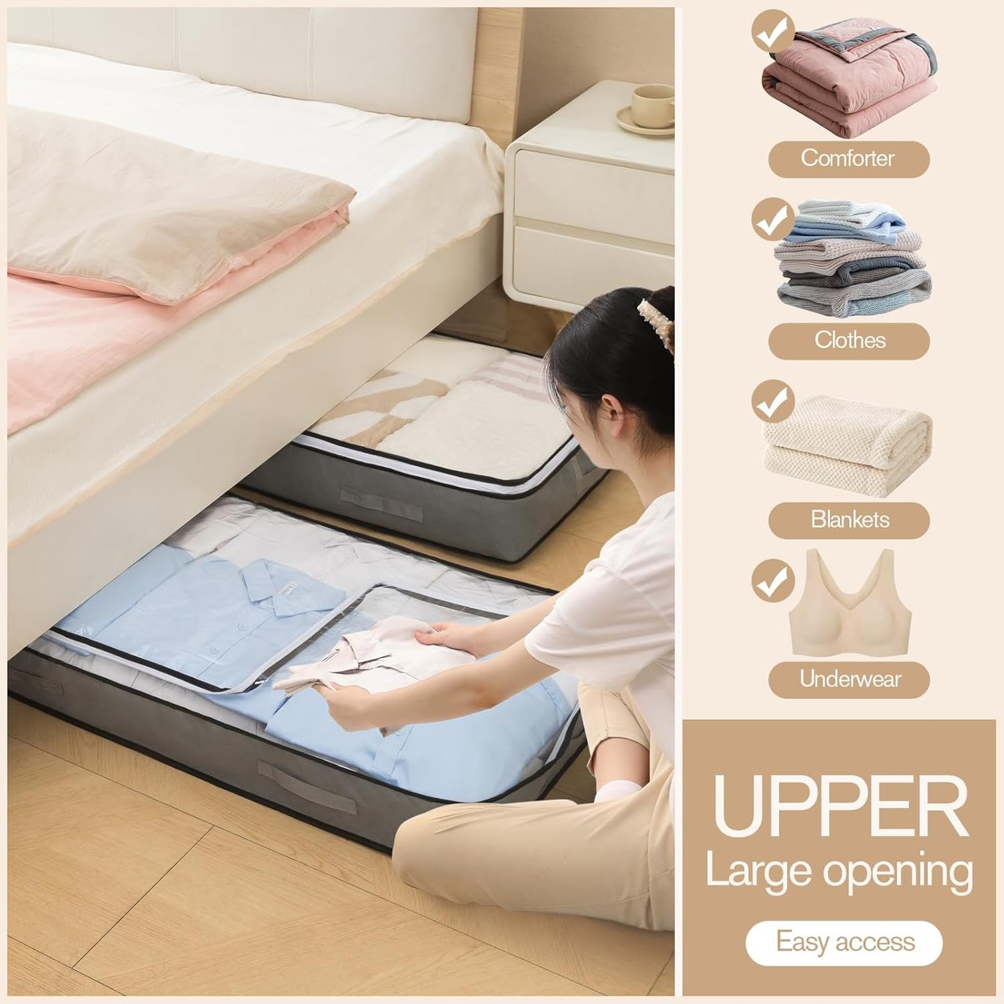 90L Under Bed Storage Containers, Closet Organizers and Storage Bins, Foldable Underbed Storage Bags for Blanket, Clothing, Comforter, Sweaters, Pillows, Linen Sheets, Wrapping Paper, Gray