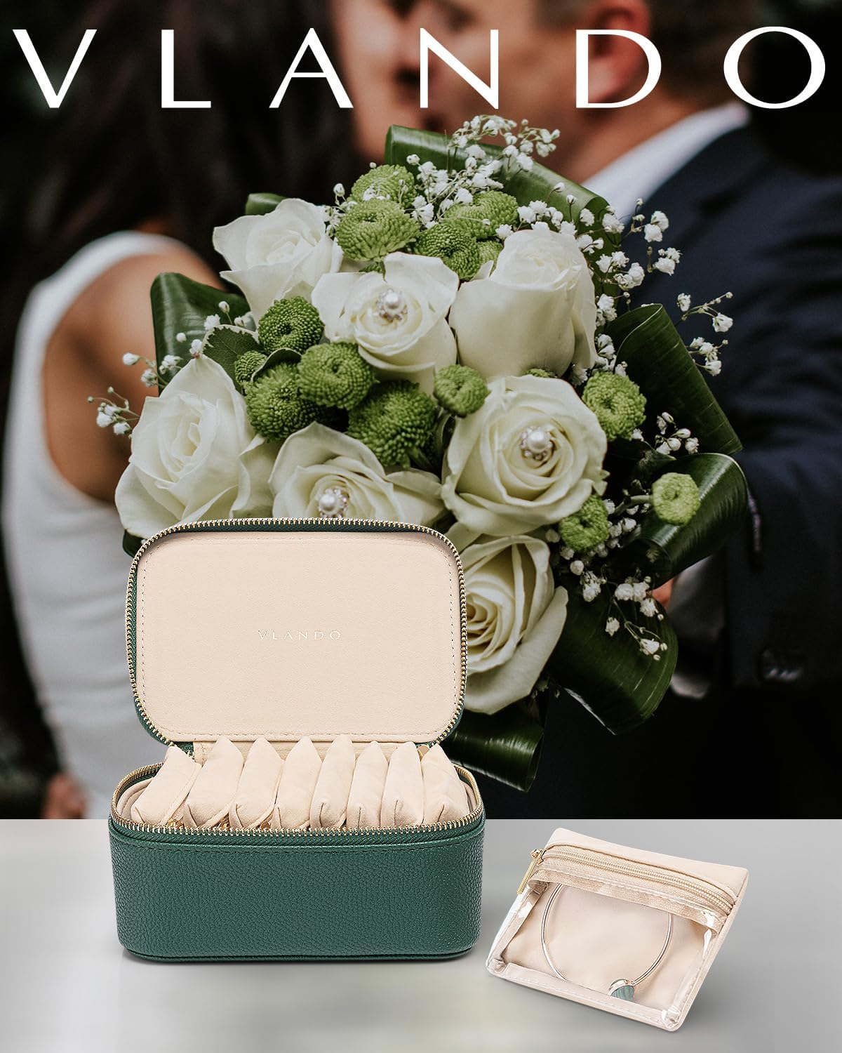 Vlando Jewelry Box with 8 Velvet Jewelry Bags Travel Jewelry Storage Box Petal Hardware Jewelry Organizer for Necklace Rings Earrings Women Gifts for Christmas Birthday-Green