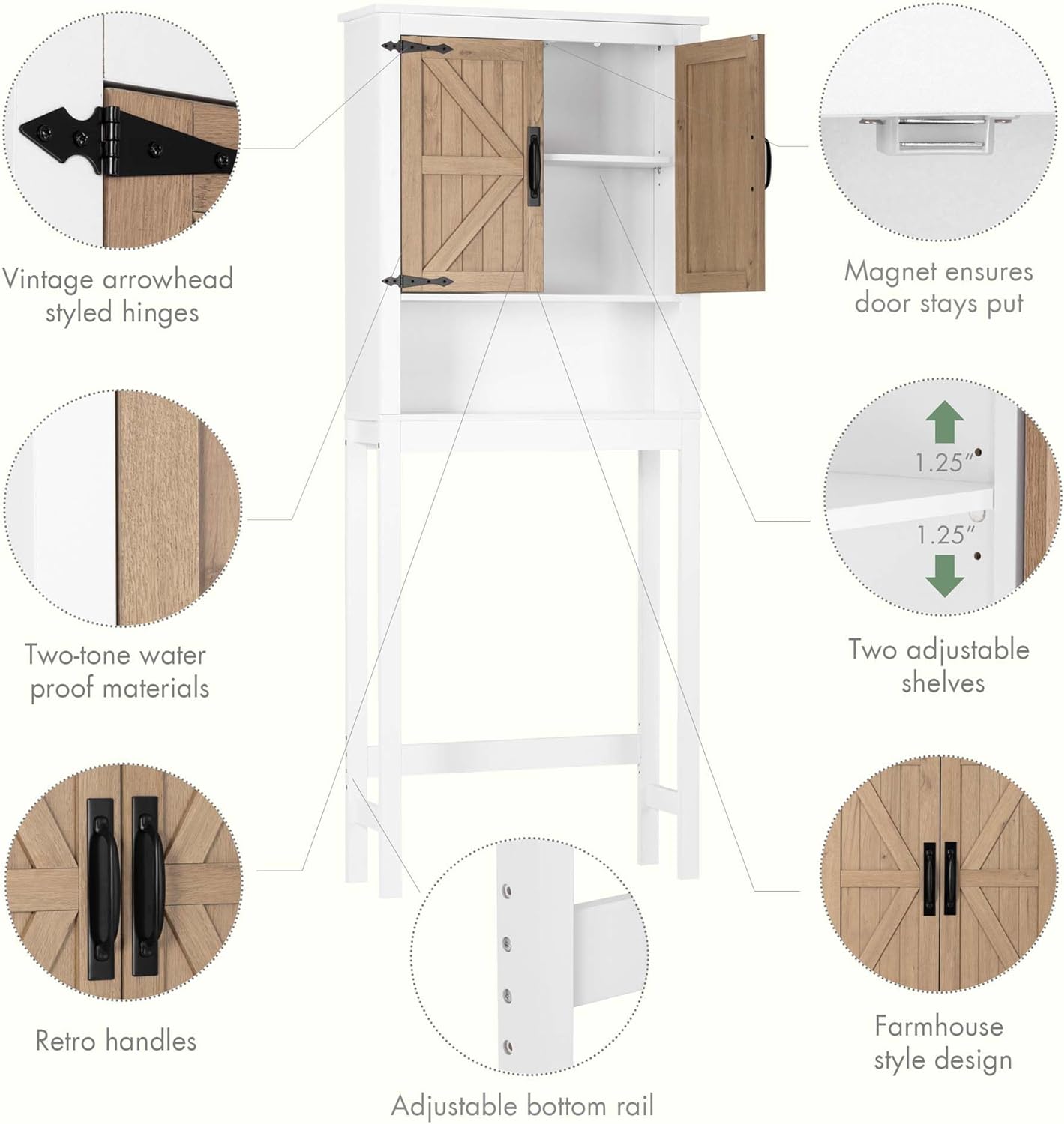 Spirich Over The Toilet Storage Cabinet, Farmhouse Over Toilet Bathroom Organizer with Wood Grain Barn Doors and Adjustable Shelves