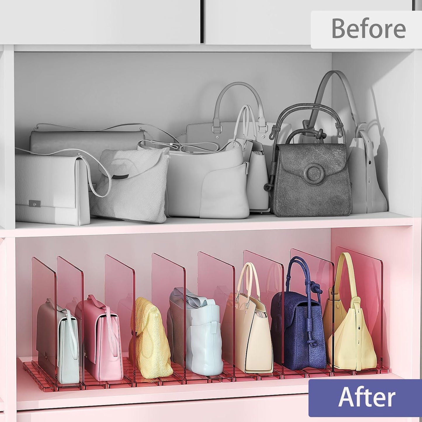 Purse Organizer for Closet: Shelf Dividers Adjustable Acrylic Bag Closet Organizers and Storage Pink 2 Bases 7 Shelves