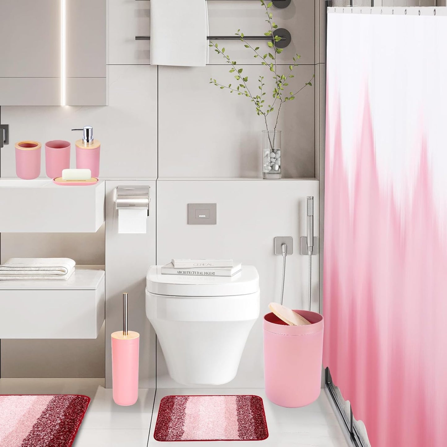 iMucci Bathroom Accessories Pink Bathroom Sets with Shower Curtain and Rug, Pink Ombre Waterproof Shower Curtain with Ultra Absorbent Rug Bathroom Accessories Set for Home Decor