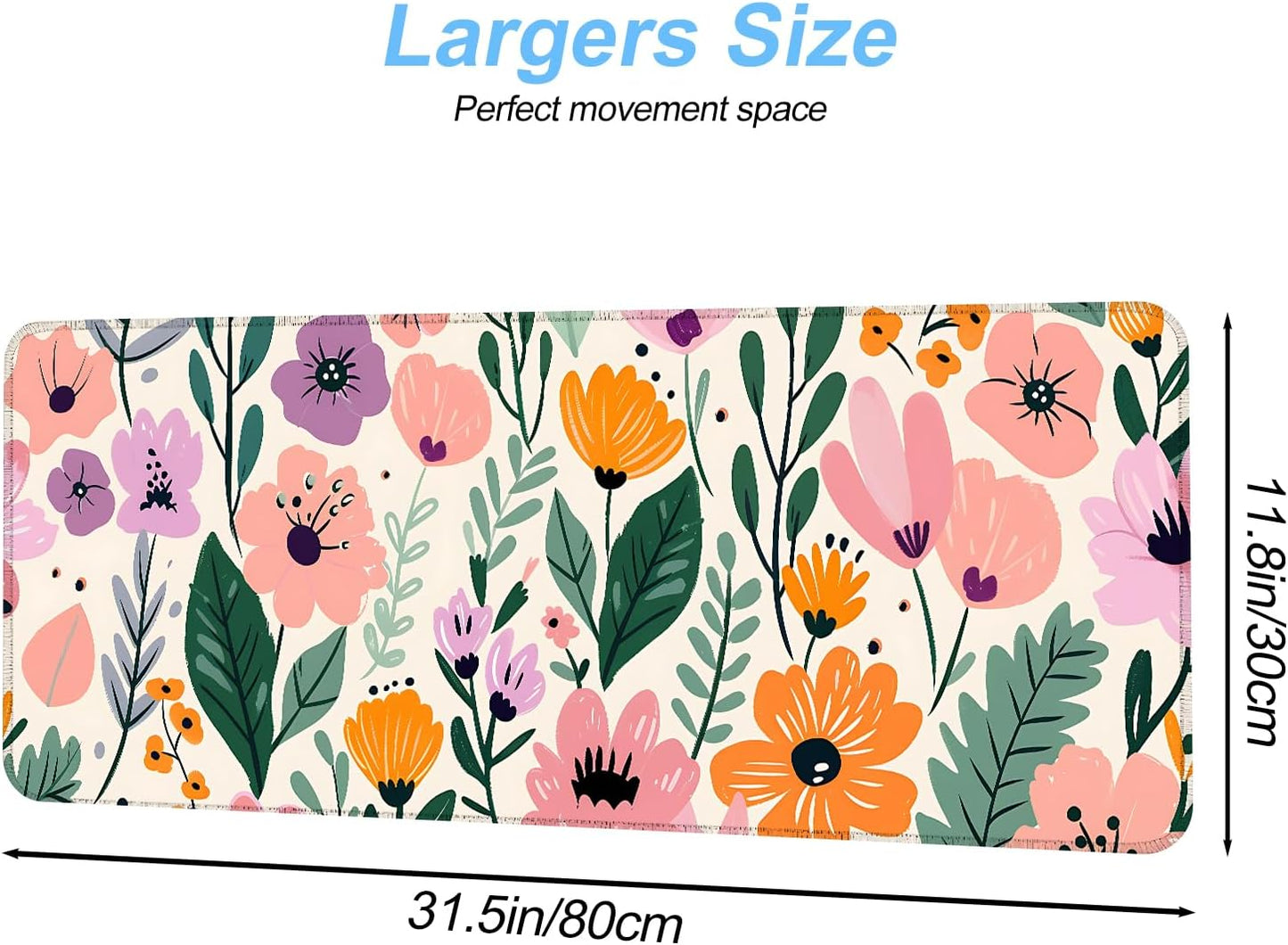 Floral Mouse Pad XXL – Large Extended Desk Mat with Cute Hand-Drawn Flowers,Non-Slip Mousepad for Office, School, Workstation, Gift for Women & Teens, 31.5 x 11.8 in