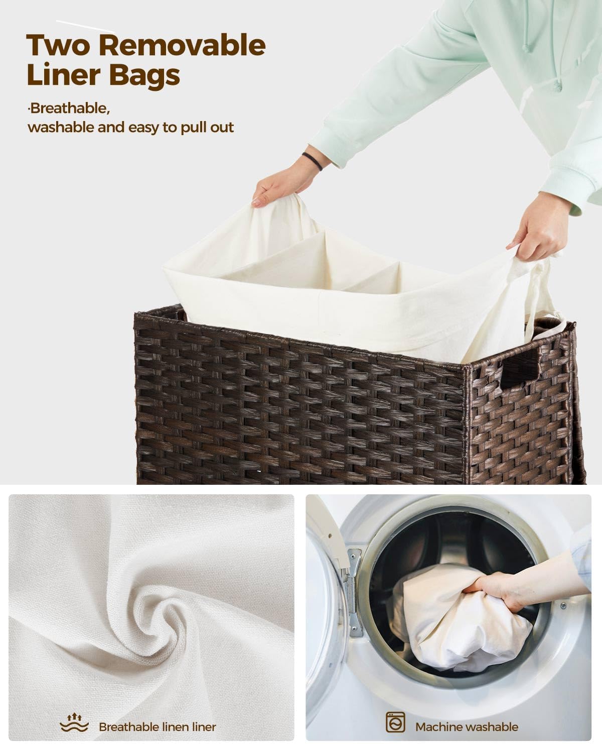GREENSTELL Laundry Hamper with Wheels&Lid, 130L Large 3 Sections Clothes Hamper with 2 Types Removable Liner Bags, 5 Mesh Laundry Bags, Handwoven Divided Laundry Basket Brown