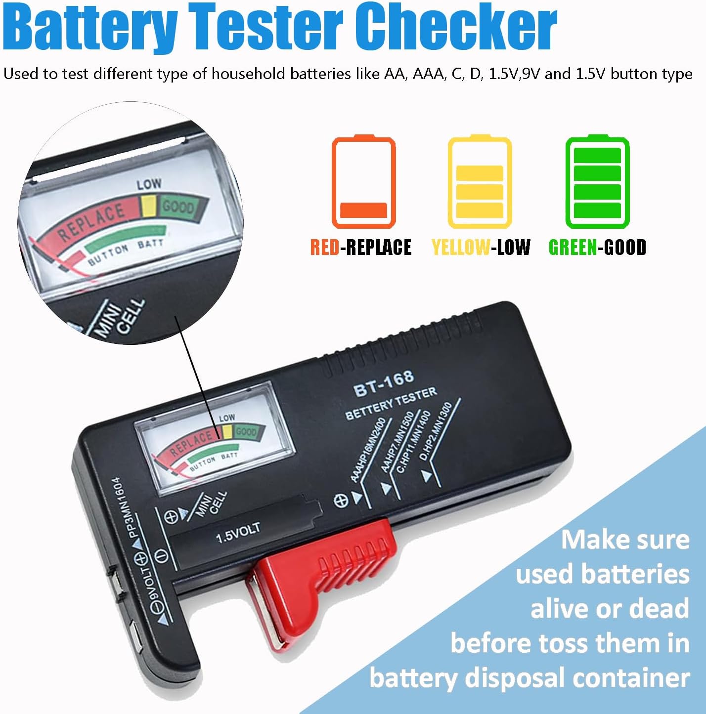 2 Pcs Battery Recycling Container with Battery Testers for Household Batteries, Used Battery Disposal Container with lid for Home Use, Office, Garage, Schools (1.32 Gallon)
