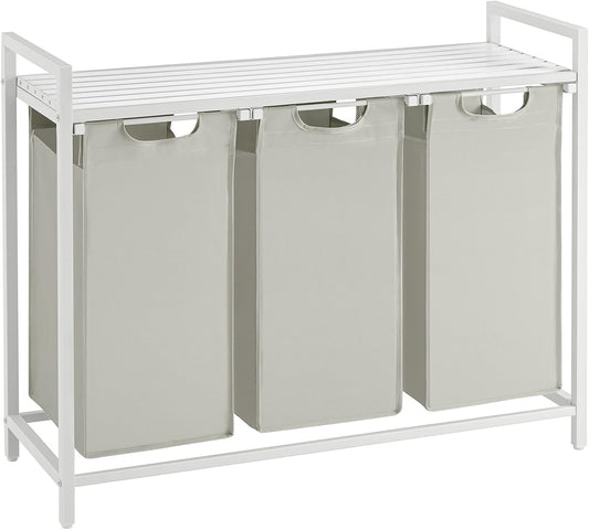 VASAGLE Laundry Hamper, Laundry Basket, Laundry Sorter with 3 Pull-Out and Removable Bags, Shelf, Metal Frame, 3 x 10.6 Gallons (40 L), 36.4 x 13 x 28.4 Inches, Cream White and Cloud White UBLH301W01