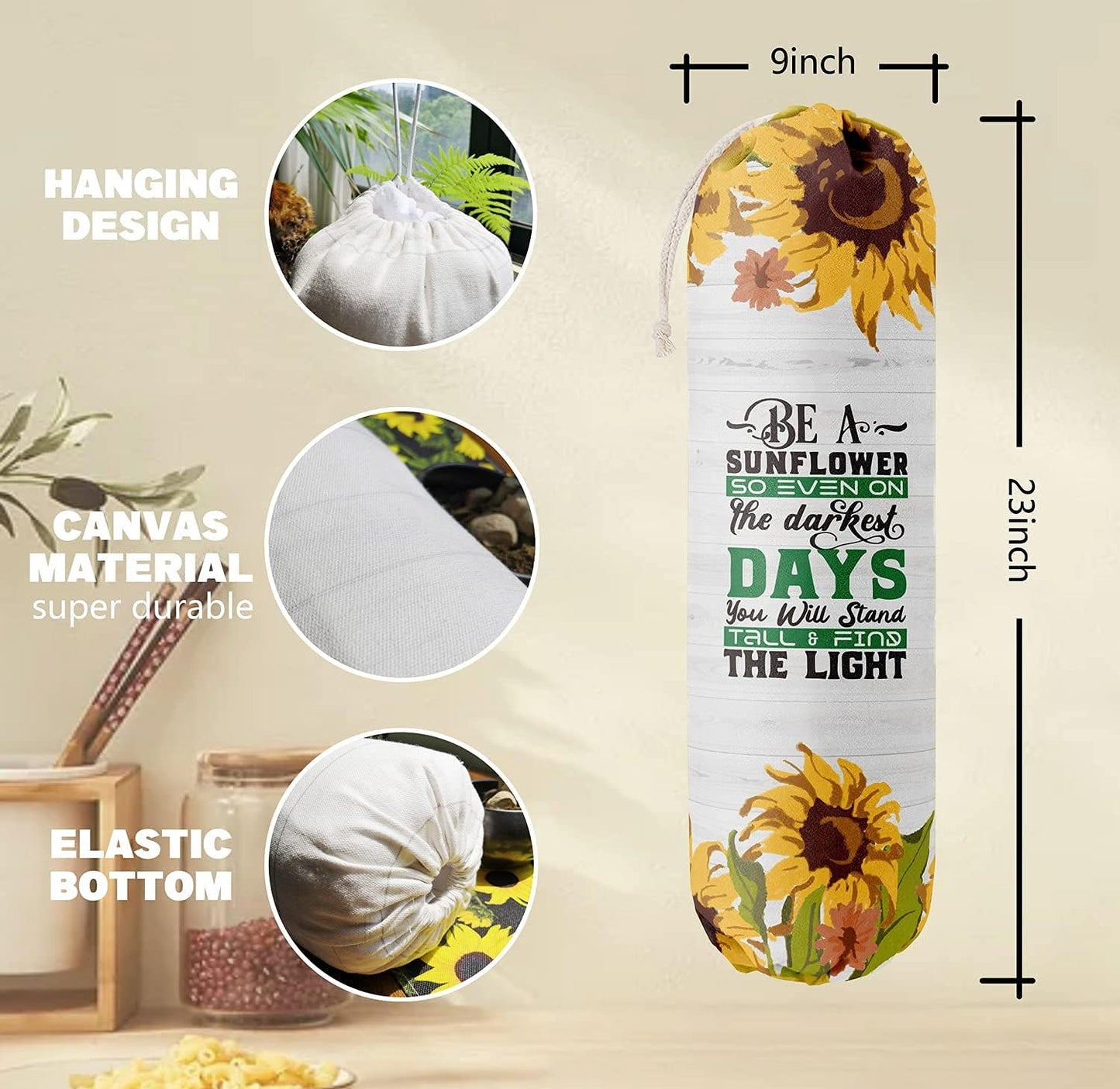 Sunflower Grocery Bags Holder Organizer - Wall Mount Plastic Bags Storage Container Dispenser - Gift for Women, Mother, Grandmother, Friend