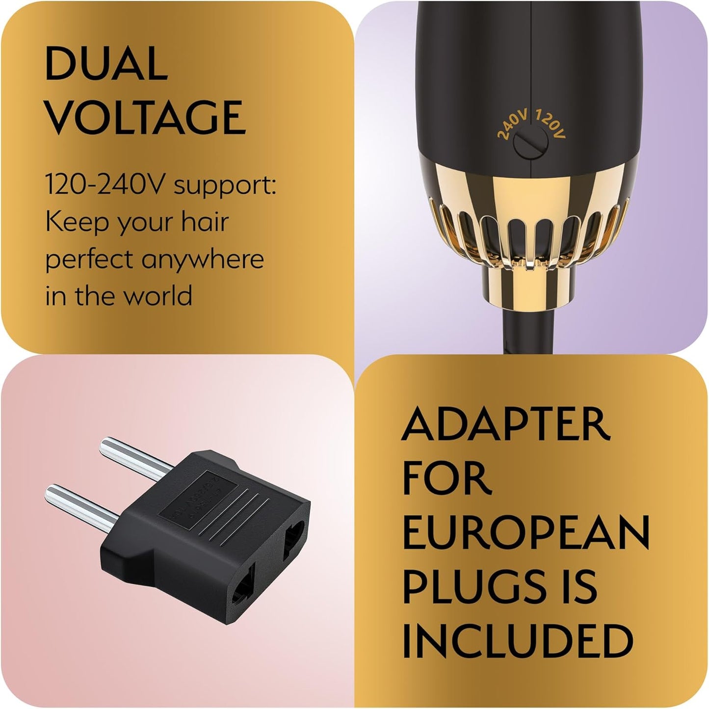 Professional Dual Voltage Blowout Hair Dryer Brush for European Travel 110V-120V/220V-240V, Black Gold Dryer and Volumizer, Hot Air Brush for Women, 2.4 INCHES Oval Shape