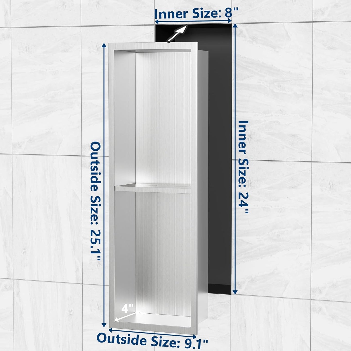 Stainless Steel Shower Niche 24" X 8", No Tile Needed Wall Niche Double Shelves, Recessed Shower Shelf for Bathroom Storage, Brushed Nickel
