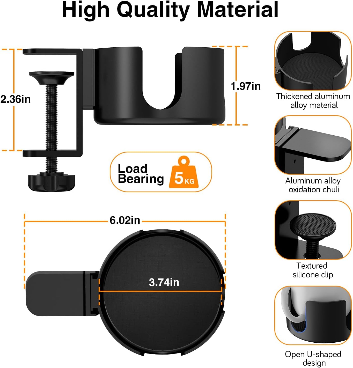 Large Desk Cup Holder Clamp， Anti-Spill Cup Holder for Your Desk or Table,Cup Holder Inner Diameter 9.5cm，Capacity 5kg/11lb Compatible with Universal Cup, Bottles(Black) (Desk Cup Holder)