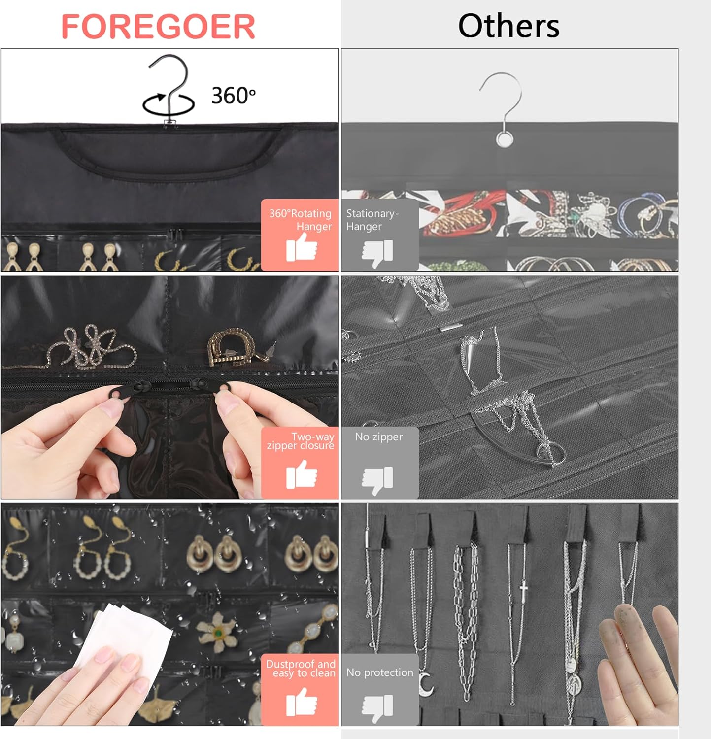 FOREGOER Hanging Jewelry Organizer with 88 Zippered Pockets, Dustproof Foldable for Travel, Accessories Organizer for Holding Jewelries, Earring Organizers and Storage (Black)