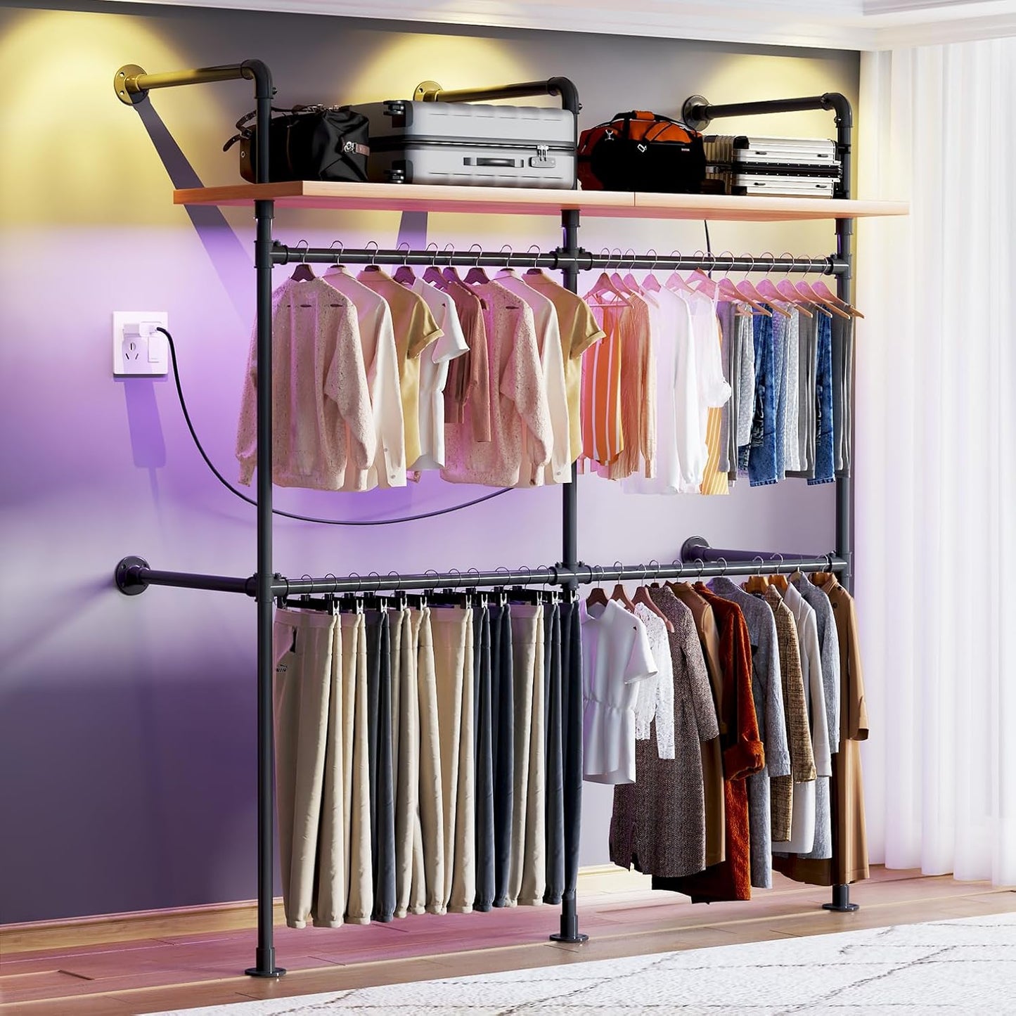 Industrial Pipe Clothing Rack, Reversible 79.7” Clothes Rack for Hanging Clothes with LED Lights, Black Wall Clothing Rack Wall Mounted Rack for Walk-in Closet, Laundry Room or Retail Display