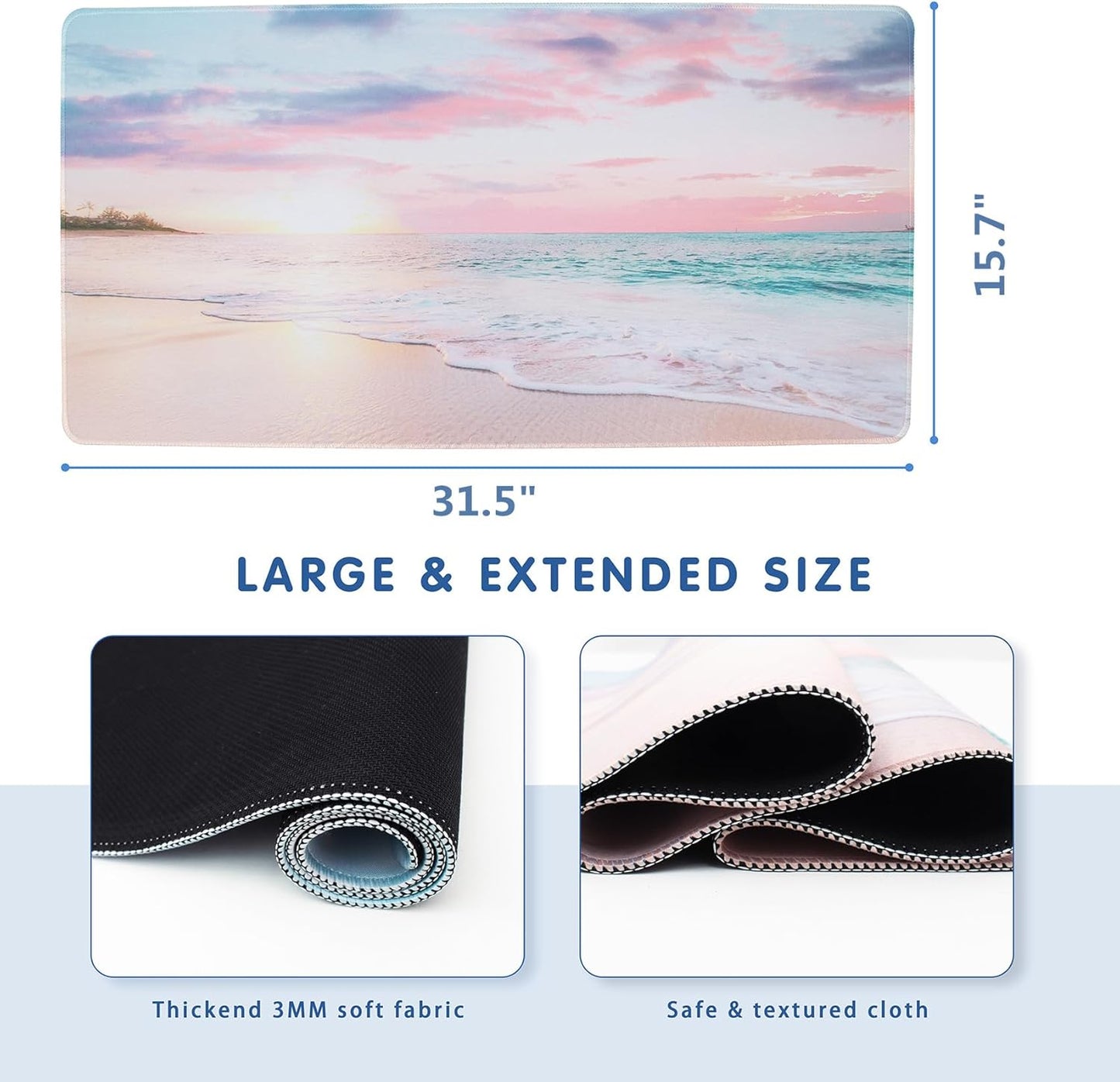 LB Coastal Beach Sunset Mouse Pad Nature Teal Ocean Large Mouse Pad for Desk Modern Aesthetic Extended Desk Pad Non-Slip Rubber Base Computer Mouse Mat for Home Office Gaming 15.7L X 31.5W Inch