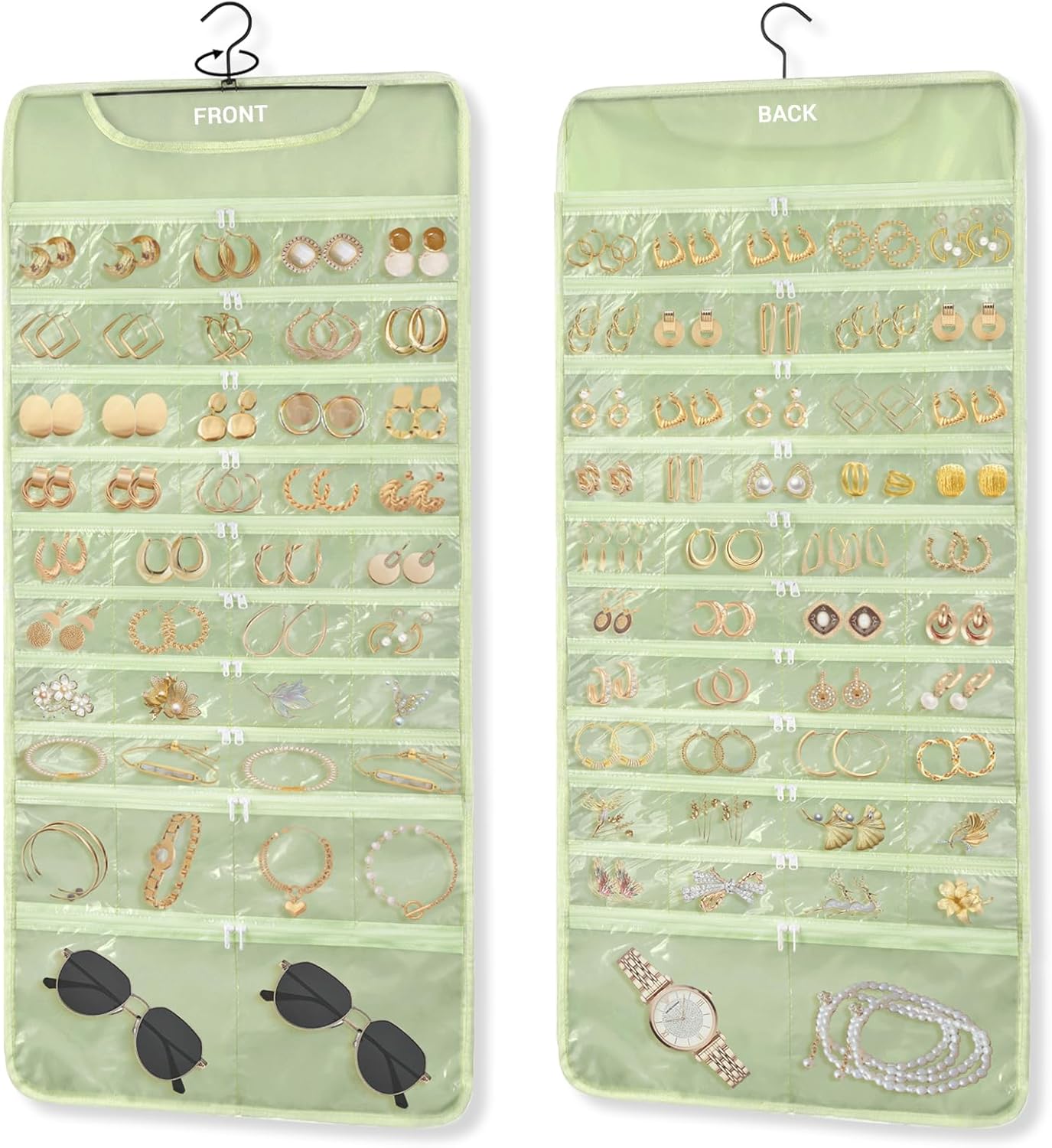 FOREGOER Hanging Jewelry Organizer with 88 Zippered Pockets, Dustproof Foldable for Travel, Accessories Organizer for Holding Jewelries, Earring Organizers and Storage (Green)