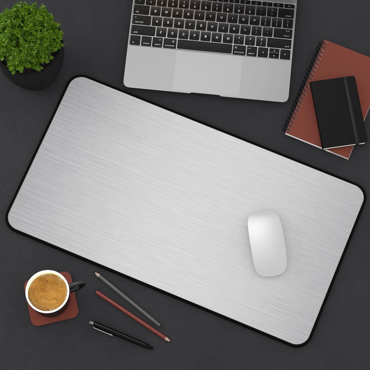 Brushed Metal Texture Desk Mat - Extended Mouse Pad & Desk Pad, Neoprene Surface, Non-Slip Rubber Base, Stitched Edges, Desk Protector for Keyboard & Mouse (Silver, 12x22)