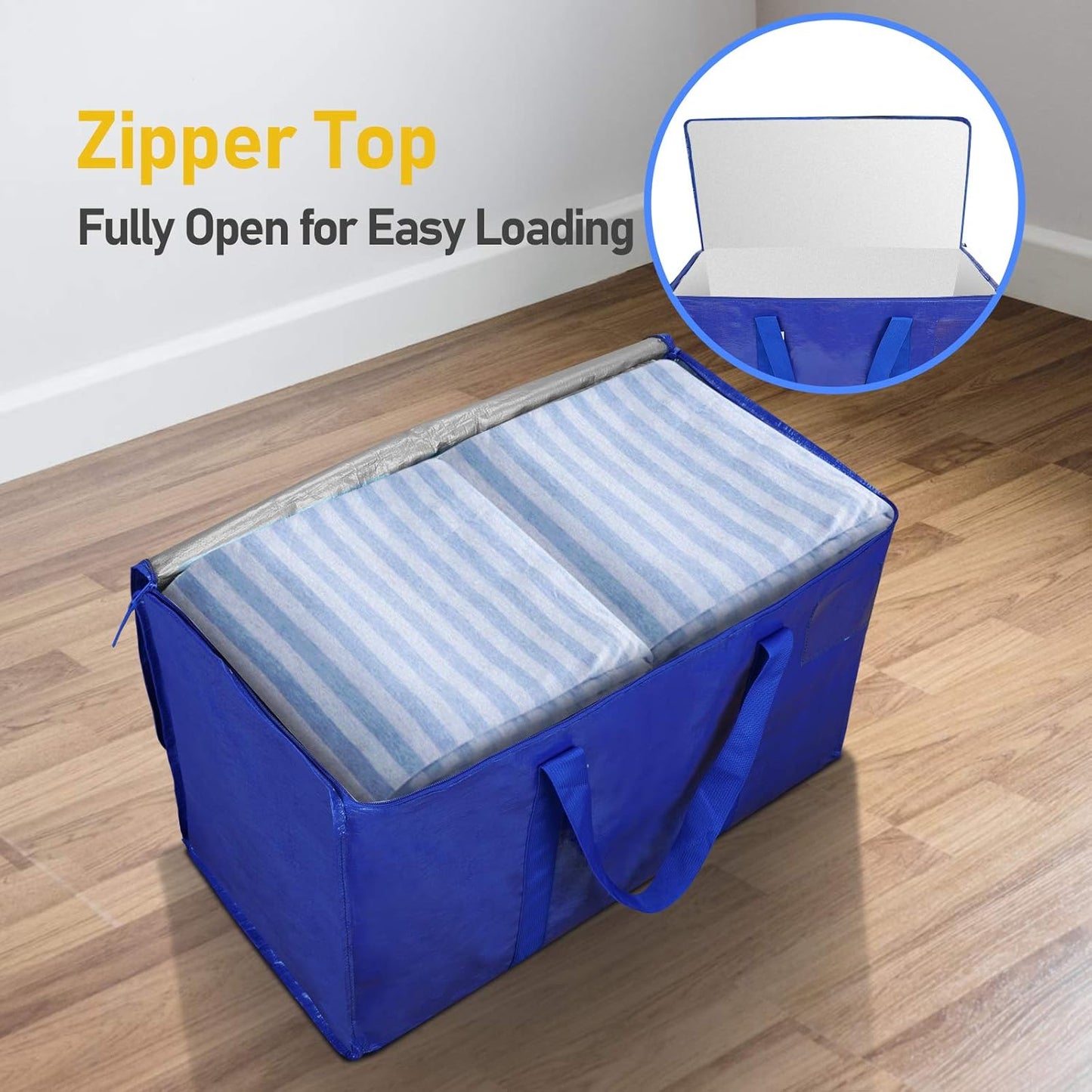 TICONN 4 Pack Extra Large Moving Bags with Zippers & Carrying Handles, Heavy-Duty Storage Tote Moving Boxes for Space Saving (4 Pack, Blue)
