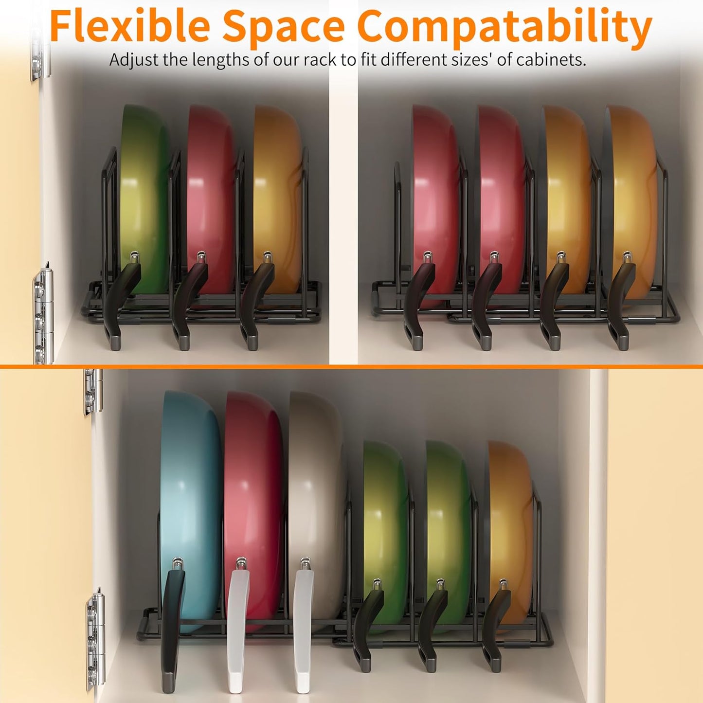 Adjustable 2.2in Pan Organizer Rack - for Pots,Pans,Cutting Boards,Cookie Sheets & Muffin Pans with 6 Slots,Non-Slip-8.7 * 6.8 * 5.5 inch