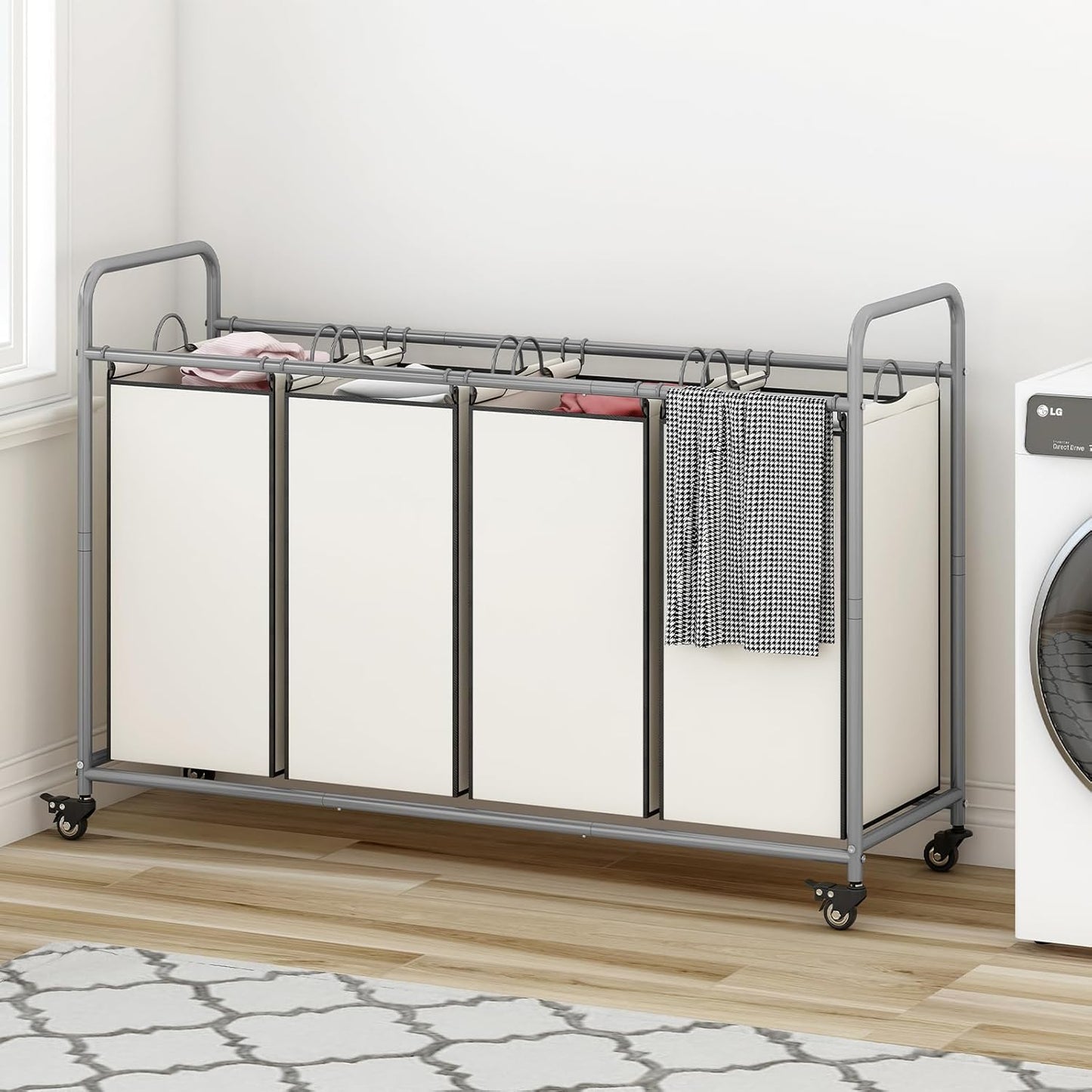 Laundry Sorter 4 Section Hamper Sorter with Heavy Duty Lockable Rolling Wheels Removable Bags Basket Separator for Dirty Clothes Storage, Beige