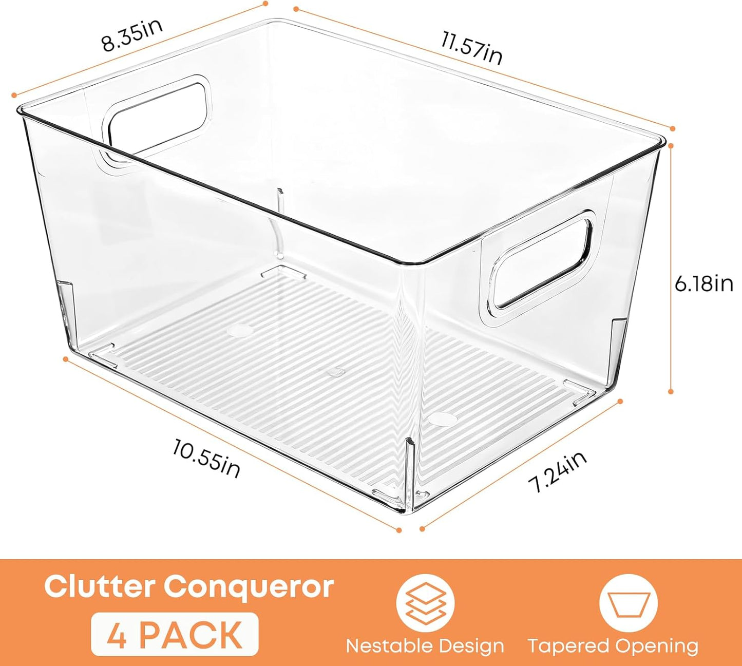 MOONEDGE 4 Pcs Clear Plastic Storage Bins, 11"x8"x6" Food-Grade Stackable Containers with Handles and Open-Top Design, Durable Pantry Organizer for Kitchen, Bathroom, Office, Fridge & Closet