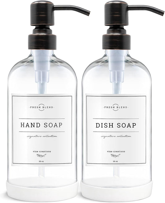 Vine Creations Clear Glass Soap Dispenser, 2 Pack Kitchen Soap Dispenser Set with Stainless Steel Pump, 16 oz Dish Soap and Hand Soap Dispensers for Bathroom with Waterproof Labels