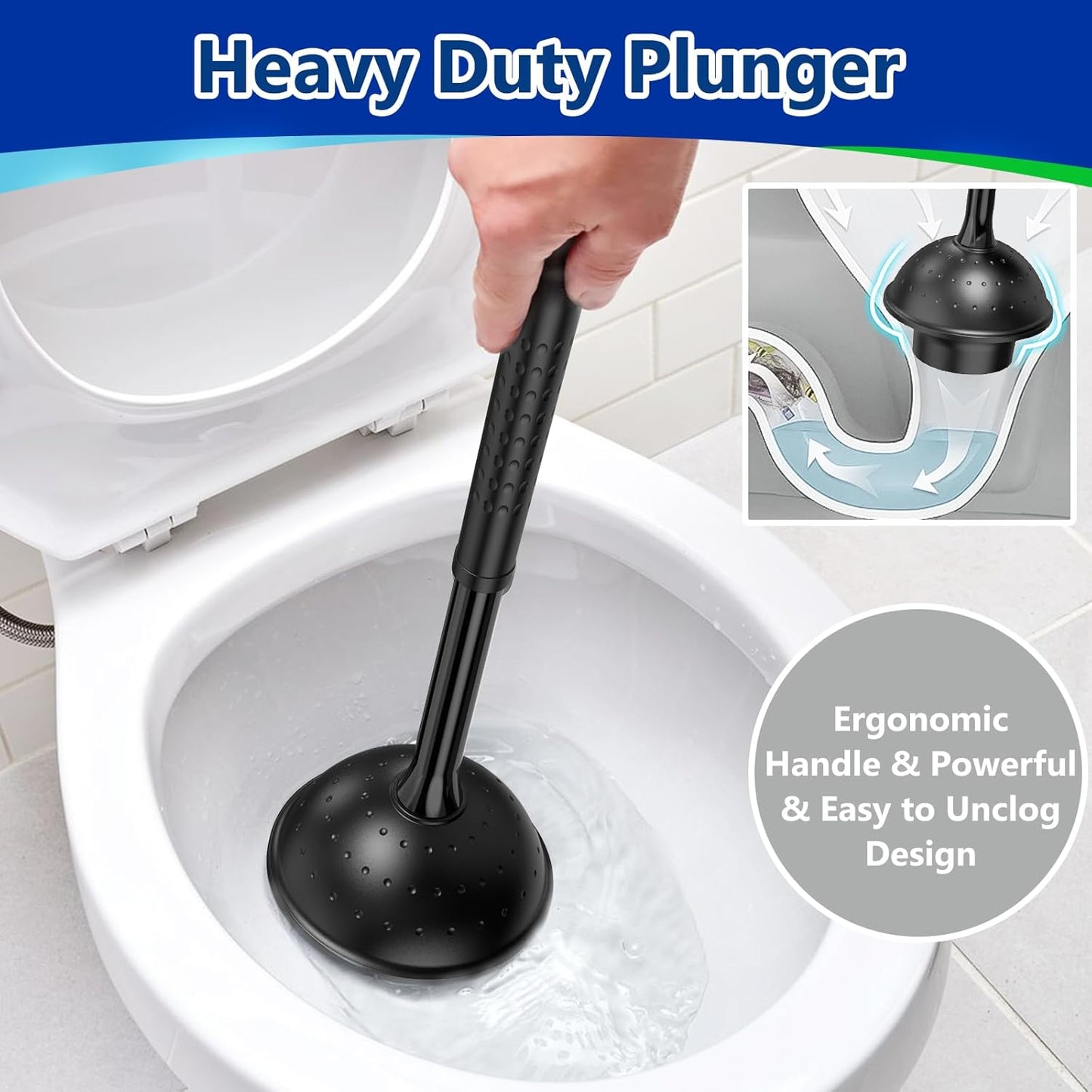 Toilet Brush and Plunger Set: 2-in-1 Heavy Duty Toilet Plunger and Bowl Brush Combo with Holder for Bathroom Cleaning - Black