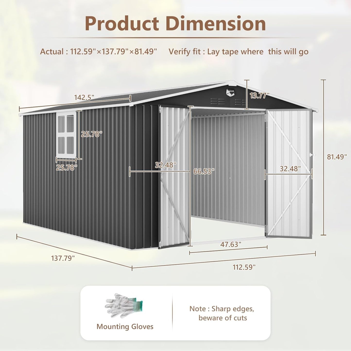 10x12 FT Outdoor Storage Shed, Metal Garden Shed - Tool Storage Sheds with Lockable Doors & 1 Clear Window, Waterproof Outside Storage Building for Backyard, Patio (Black; Floor Not Included)