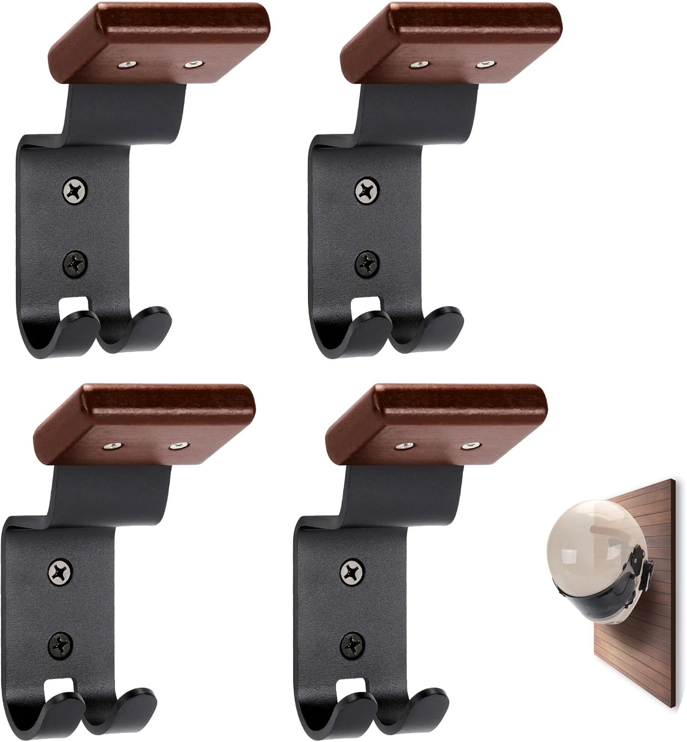 Motorcycle Helmet Holder Wall Mount - Solid Wood & Steel Gear Organizer Rack with 2 Hooks, Heavy Duty Display Hanger for Helmets, Football Gear, Ski Equipment, Hats, Jackets - 4 Pcs
