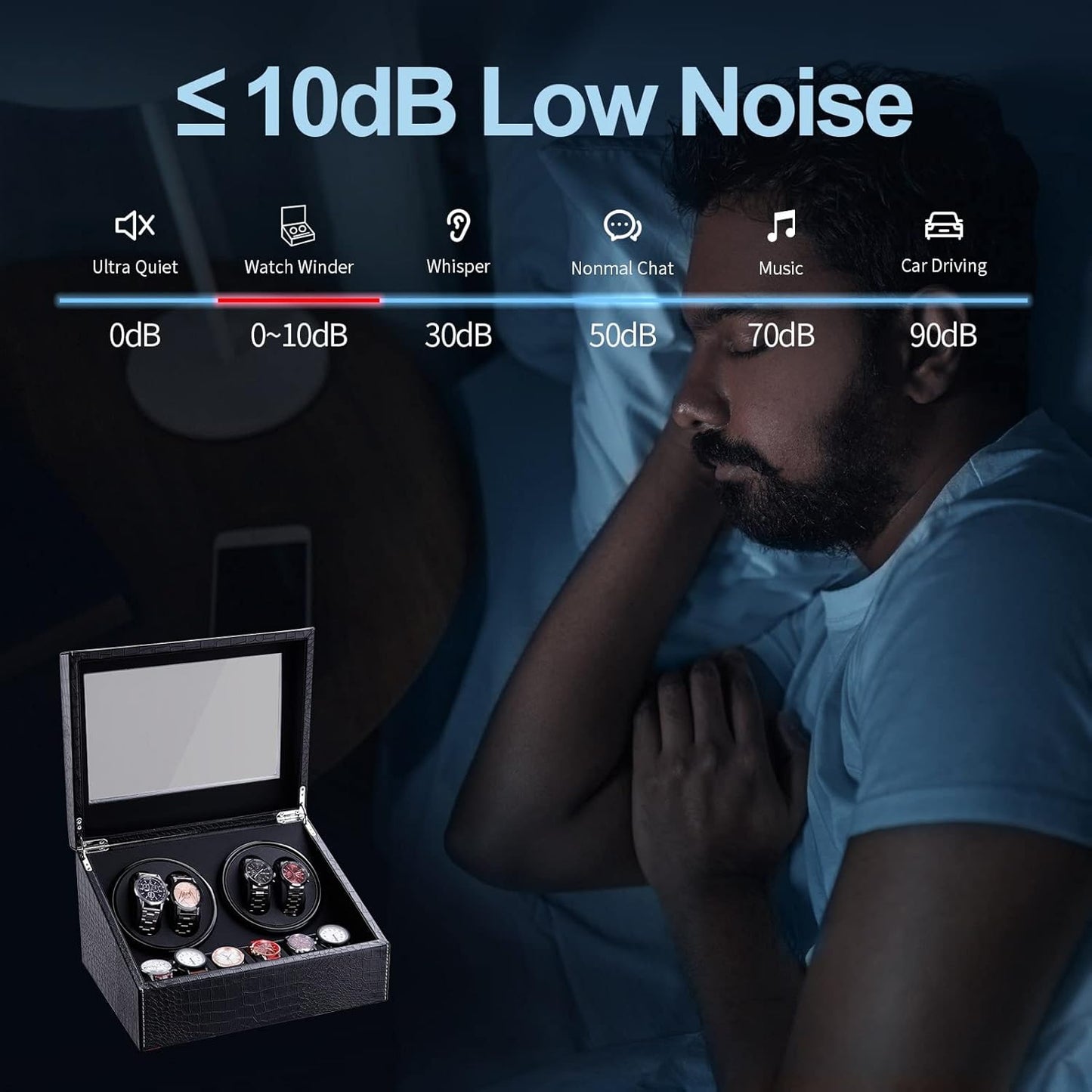 Watch Winder for Automatic Watches,Ultra Quiet Motor,4 Automatic Watches and 6 Extra Watch Storage Spaces, PU Leather Crocodile Styling