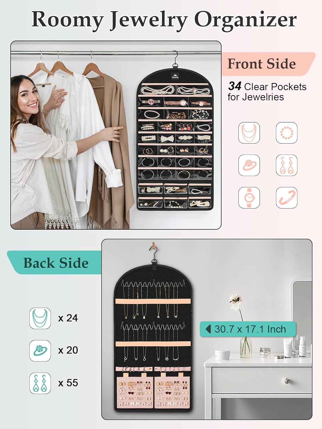 MATEIN Hanging Jewelry Organizer with Removable Travel Jewelry Pouch, Tangle Free Necklace Hanger Wall Mount with Metal Hook, Large Earring Storage Holder for Bracelet Ring Display, Gifts for Her