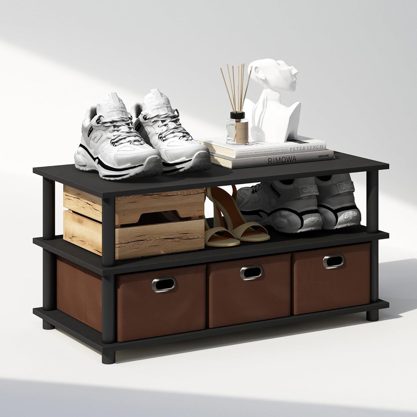 Furinno Turn-N-Tube Shoe Rack, Compact Shoe Organizer, Multipurpose Shoe Storage with Bin Drawers and Open Shelves, 15.5 x 31.2 x 15.4, for Closet Entryway, Office, Garage, Black Oak/Black/Brown