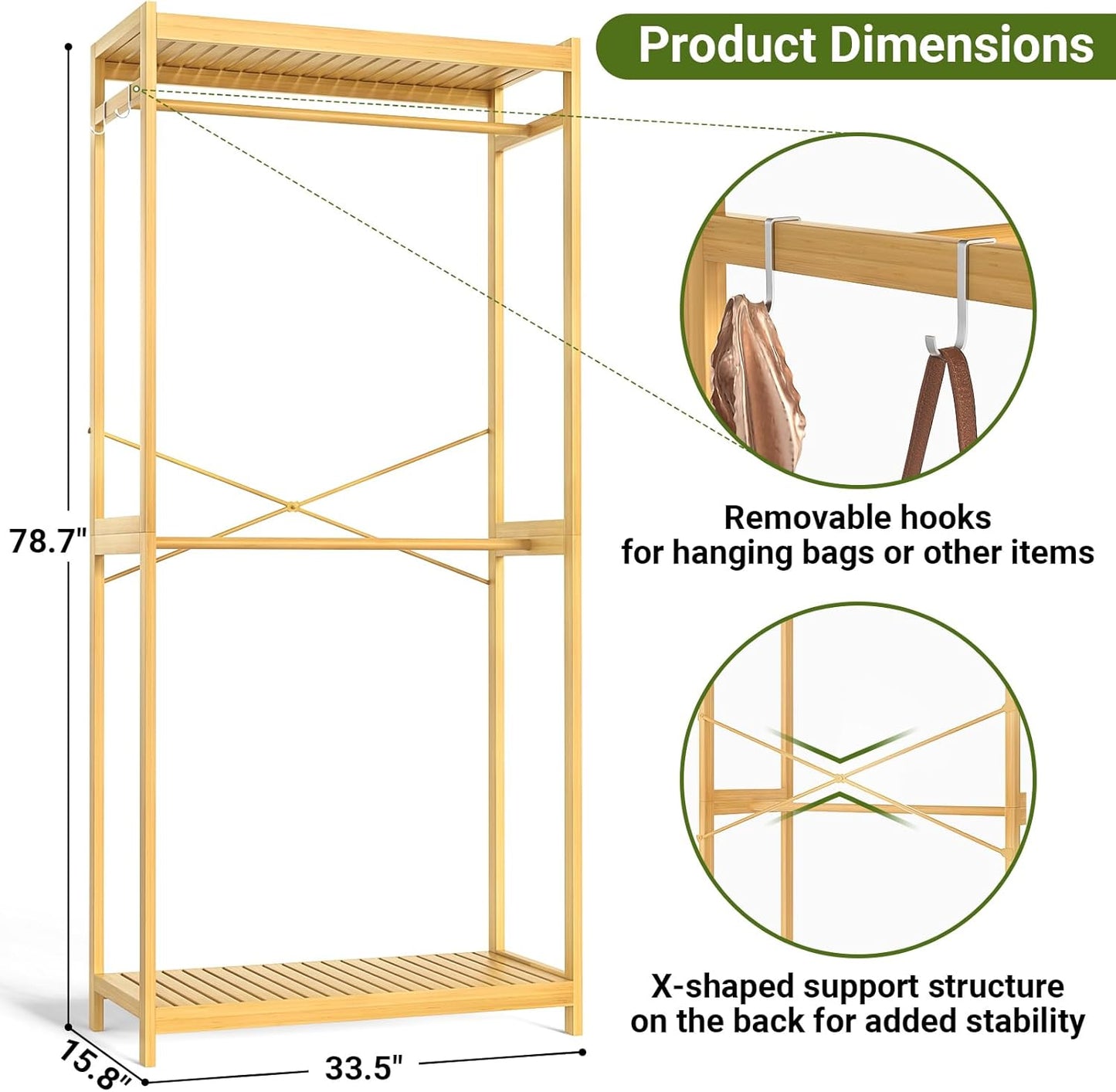 Homykic Bamboo Clothes Rack with Shelves and Double Hang Rods, Portable Closet System Garment Rack for Hanging Clothes, Tall Clothing Rack Corner Closet Organizer, Easy to Built, Natural
