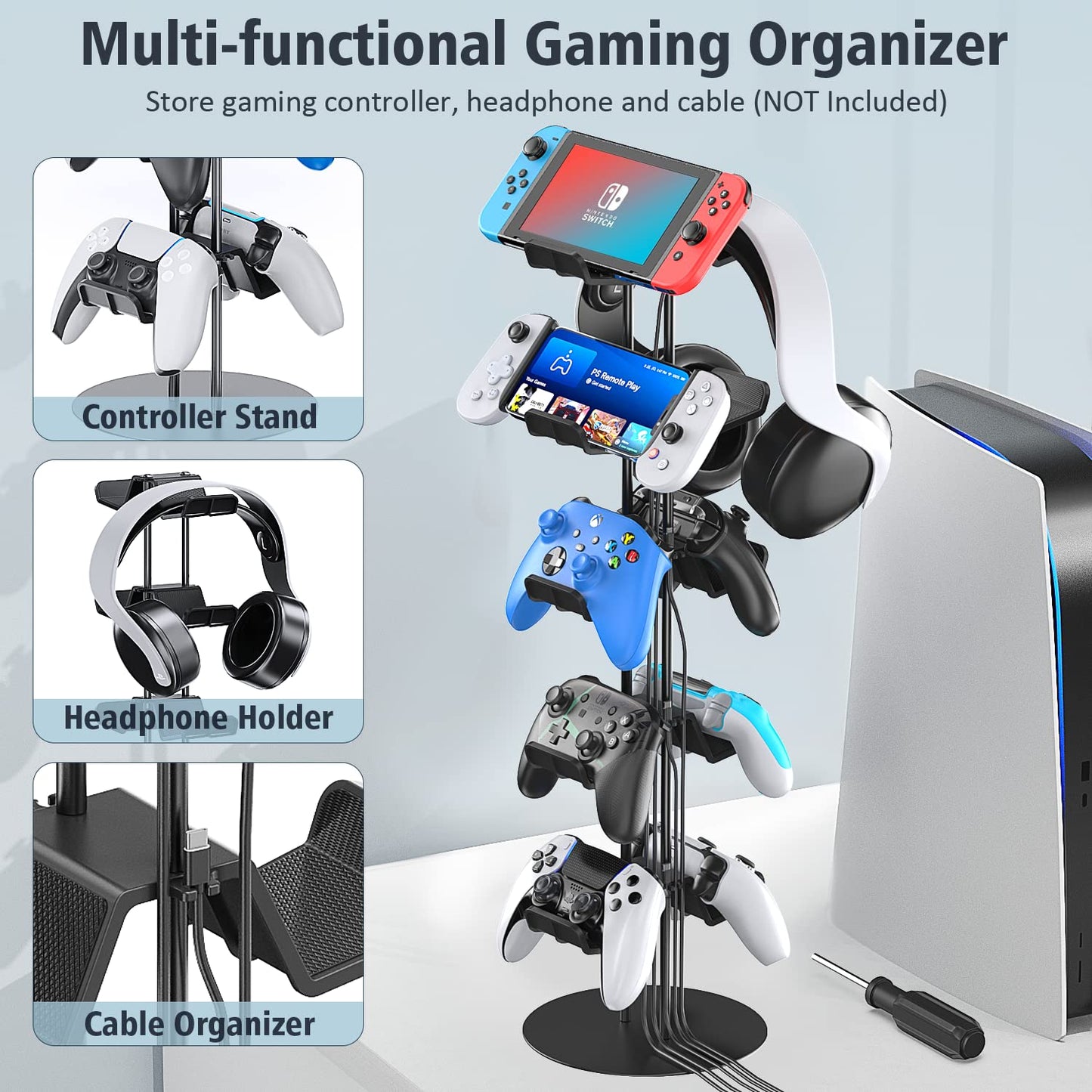 Kytok Gamer Gifts, Headset Stand 5 Tiers with Cable Organizer, Controller Stand Compatible with PS5/Xbox/Nintendo Switch/PS Portal/PS4, Headset Holder & Controller Holder for 10 Packs Controller