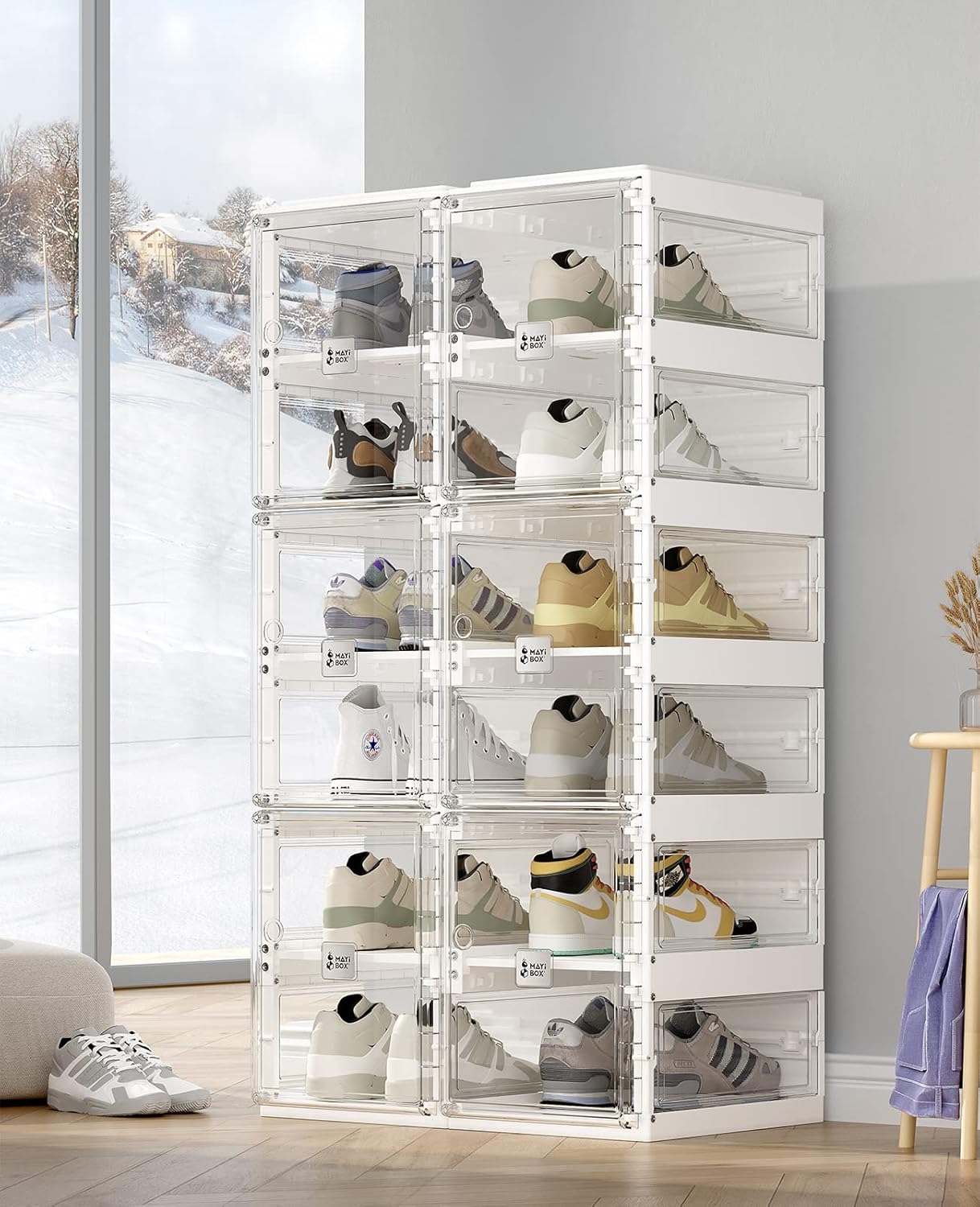 ANTBOX Foldable Shoe Rack,Shoe Organizers for Closet Plastic Shoe Storage Box Space Saving for Entryway, Large Sturdy Stackable Sneaker Cabinet Bins with Magnetic Clear Door 6 Tiers 12 Pairs